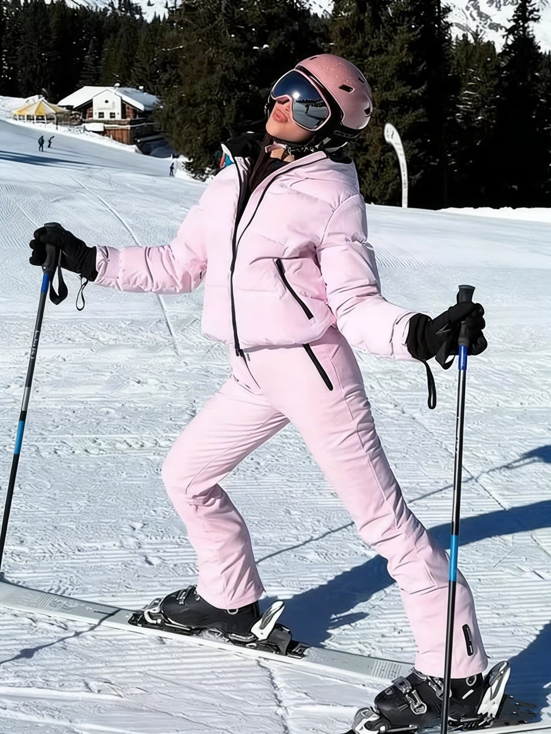 Winter Pink Thicken Warm Women's Skiwear Fashoin Hooded Cotton Padded Jacket Coats + Long Straight Pants 2026 New Women Ski Suit