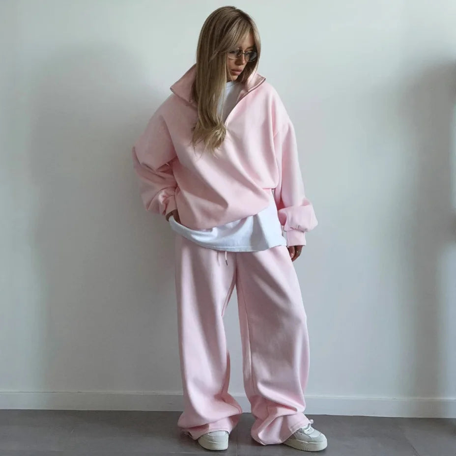 Casual Oversize Tracksuit Half Collar Long Sleeve Tracksuit Drawstring Pants Matching Tracksuit Cotton Comfort Loungewear