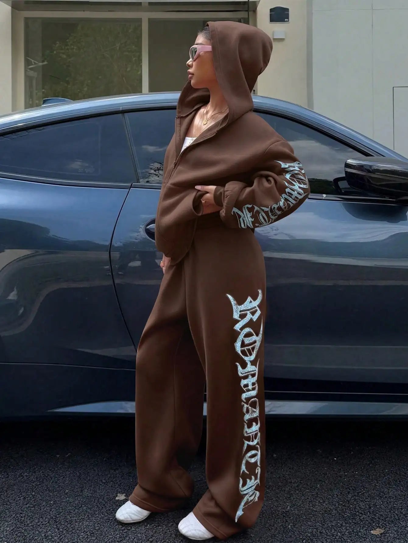 Pink Y2K Hooded Zip-Up Sweatshirt & Sweatpants Set with Red Graphic Print, Streetwear Casual Outfit