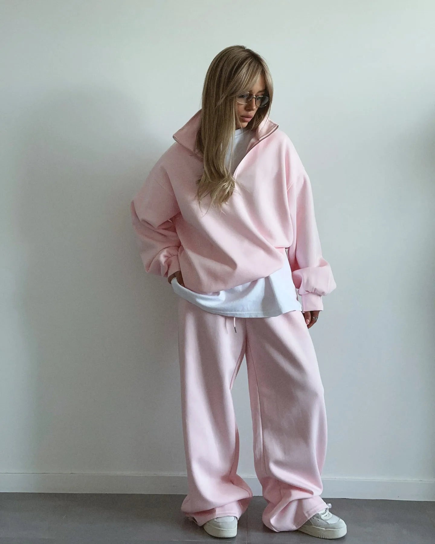 Casual Oversize Tracksuit Half Collar Long Sleeve Tracksuit Drawstring Pants Matching Tracksuit Cotton Comfort Loungewear