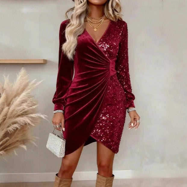 Elegant Sequins Design Long Sleeve Party Dress Women Sexy V Neck Bodycon Dresses For Women Evening Dress Christmas Clothes