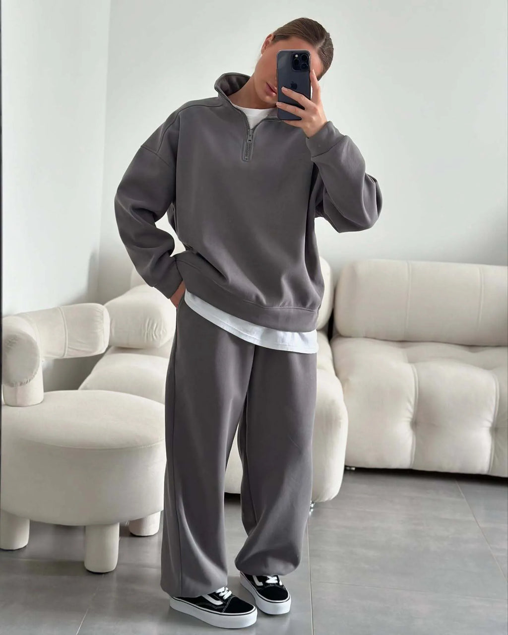 Casual Oversize Tracksuit Half Collar Long Sleeve Tracksuit Drawstring Pants Matching Tracksuit Cotton Comfort Loungewear