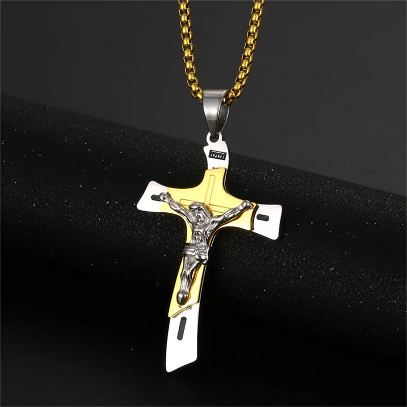 Vintage Jesus Cross Pendant Men and Women Amulet Necklace Catholic Christian Religious Prayer Jewelry Gift