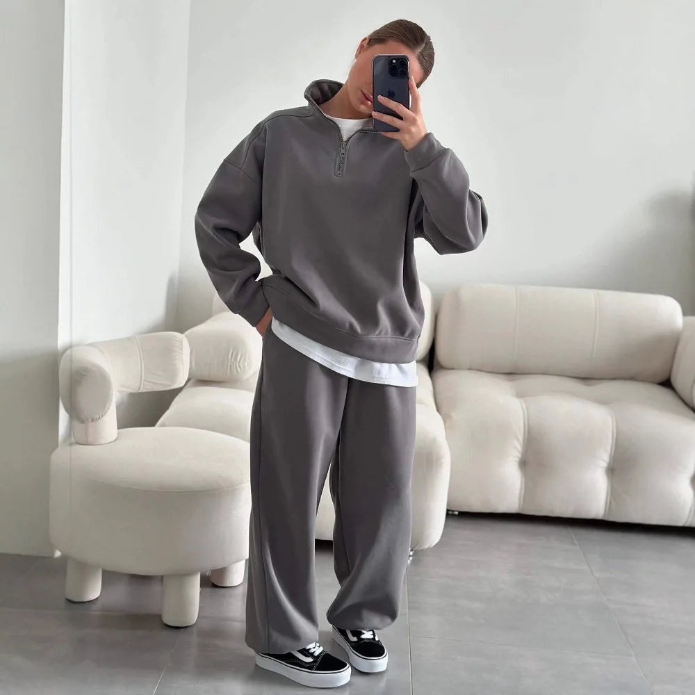 Casual Oversize Tracksuit Half Collar Long Sleeve Tracksuit Drawstring Pants Matching Tracksuit Cotton Comfort Loungewear