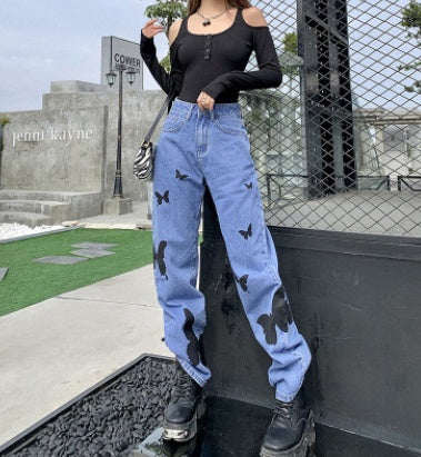 High-Waisted Print All-Match Denim Straight Pants Wome