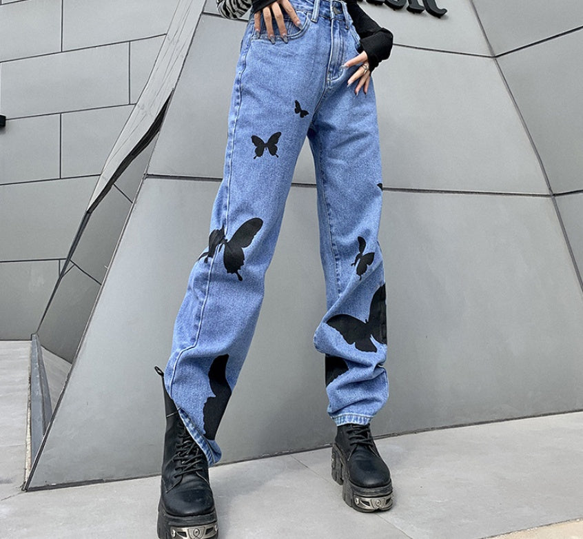 High-Waisted Print All-Match Denim Straight Pants Wome