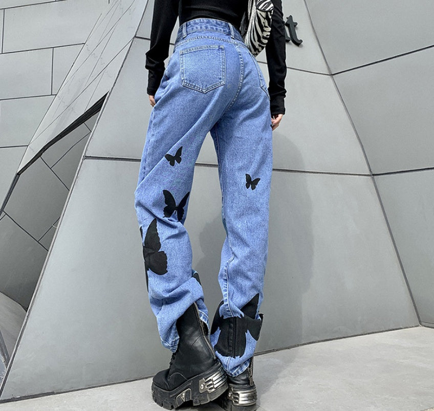 High-Waisted Print All-Match Denim Straight Pants Wome