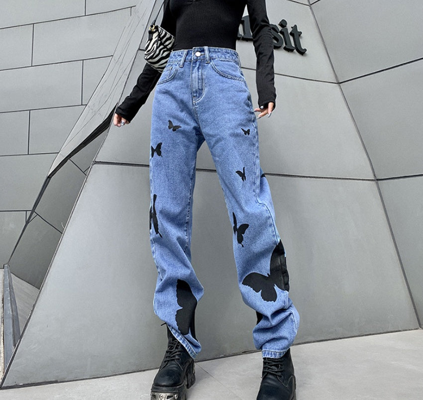 High-Waisted Print All-Match Denim Straight Pants Wome