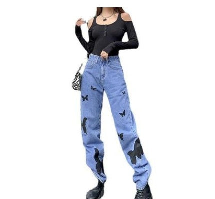 High-Waisted Print All-Match Denim Straight Pants Wome