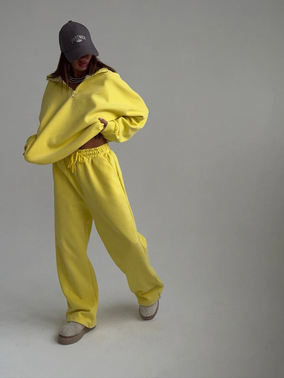 Casual Oversize Tracksuit Half Collar Long Sleeve Tracksuit Drawstring Pants Matching Tracksuit Cotton Comfort Loungewear