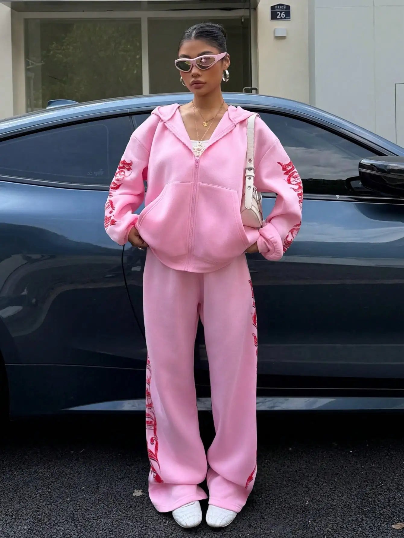 Pink Y2K Hooded Zip-Up Sweatshirt & Sweatpants Set with Red Graphic Print, Streetwear Casual Outfit