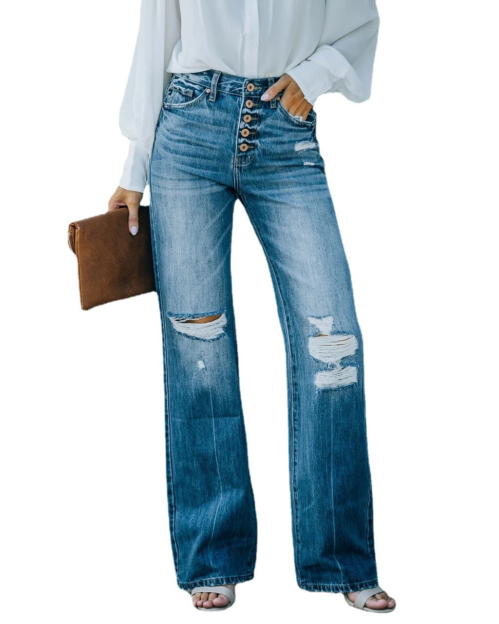 Street Trendsetter Washes Broken Hole Single Breasted Jeans Wide Leg Pants