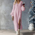 Chic Split Knitted Dress With Buttons Design Winter V-Neck Fleece Maxi Dresses Evening Party Club Fashion Women's Clothing
