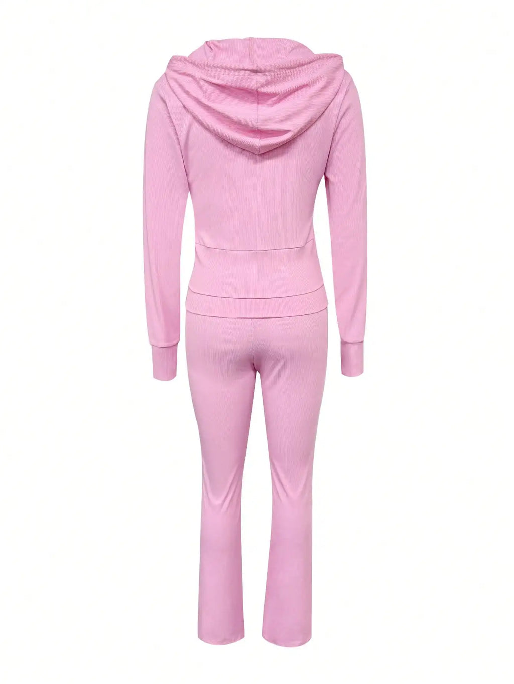 Pink Women's 2-Piece Hooded Zip-Up Crop Top & Flared Pants Set, Casual Sporty Outfit for Fall
