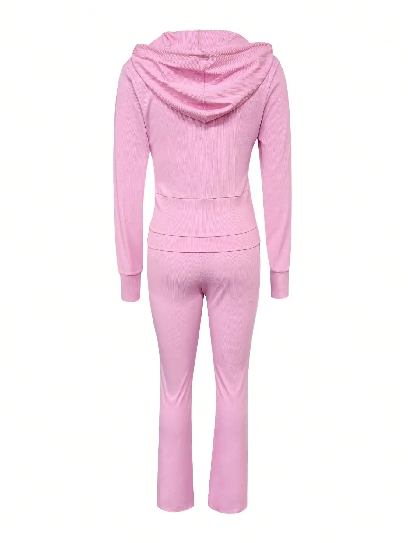 Pink Women's 2-Piece Hooded Zip-Up Crop Top & Flared Pants Set, Casual Sporty Outfit for Fall
