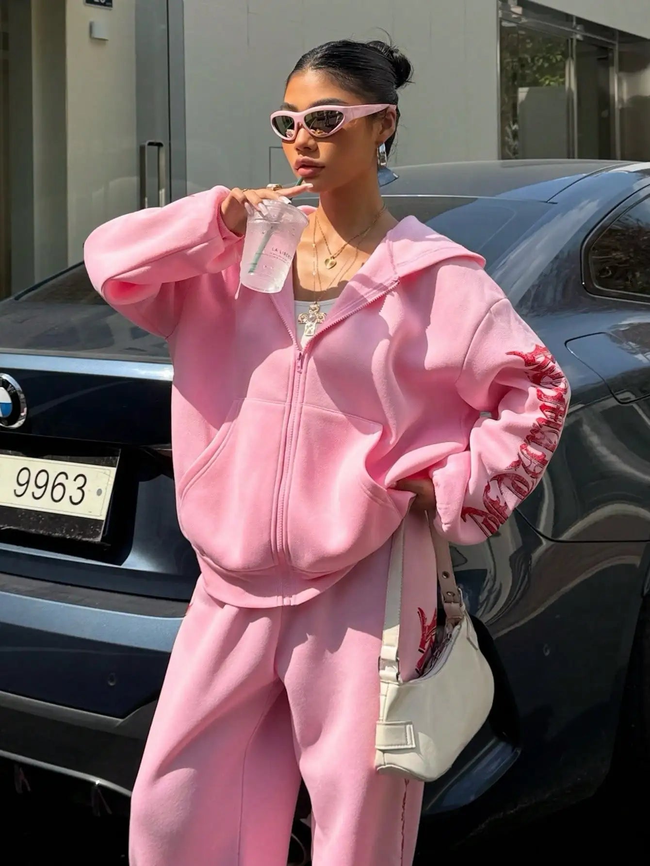 Pink Y2K Hooded Zip-Up Sweatshirt & Sweatpants Set with Red Graphic Print, Streetwear Casual Outfit