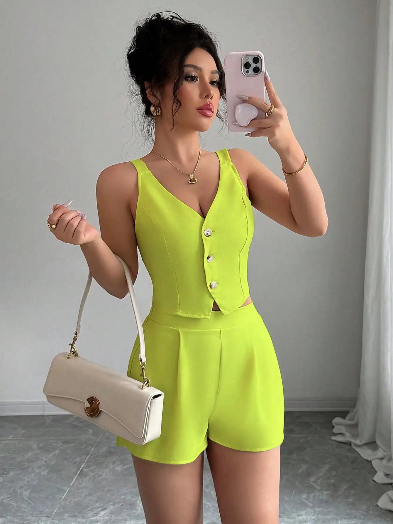 Selianne Apricot Casual & Commute Solid Color Front Button Slit Hem Top + Shorts 2 Pieces Set For Women