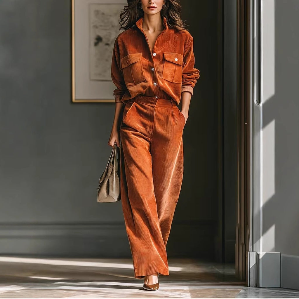 Retro Casual Design Caramel Corduroy Shirt And Wide-leg Pants Set
