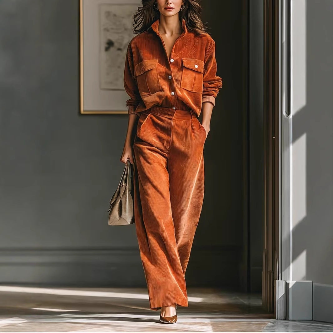 Retro Casual Design Caramel Corduroy Shirt And Wide-leg Pants Set
