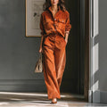 Retro Casual Design Caramel Corduroy Shirt And Wide-leg Pants Set