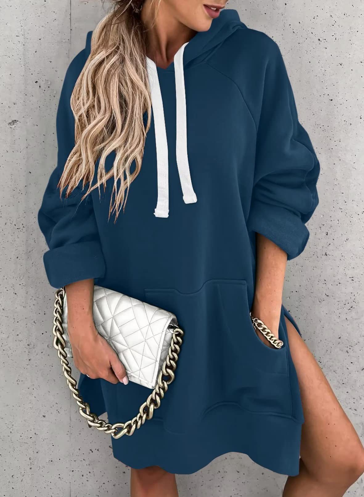 Women's Hooded Sweatshirt With Pockets Fashion Casual Split Mid-length Sweater Drawstring Tops