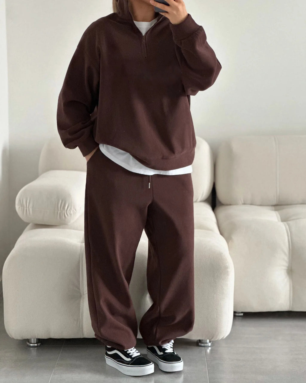 Casual Oversize Tracksuit Half Collar Long Sleeve Tracksuit Drawstring Pants Matching Tracksuit Cotton Comfort Loungewear