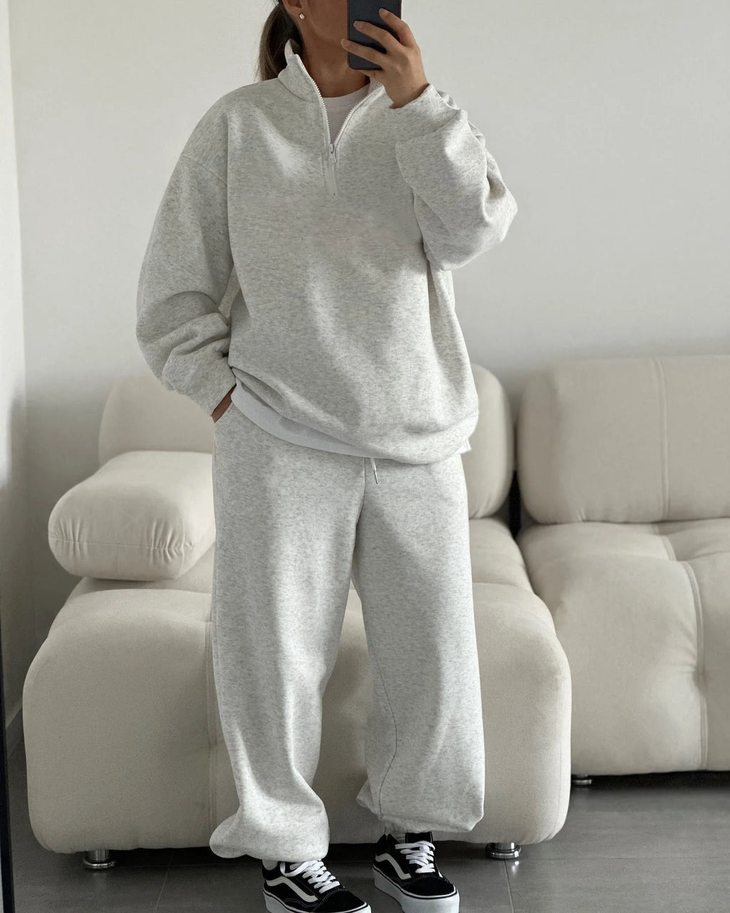 Casual Oversize Tracksuit Half Collar Long Sleeve Tracksuit Drawstring Pants Matching Tracksuit Cotton Comfort Loungewear