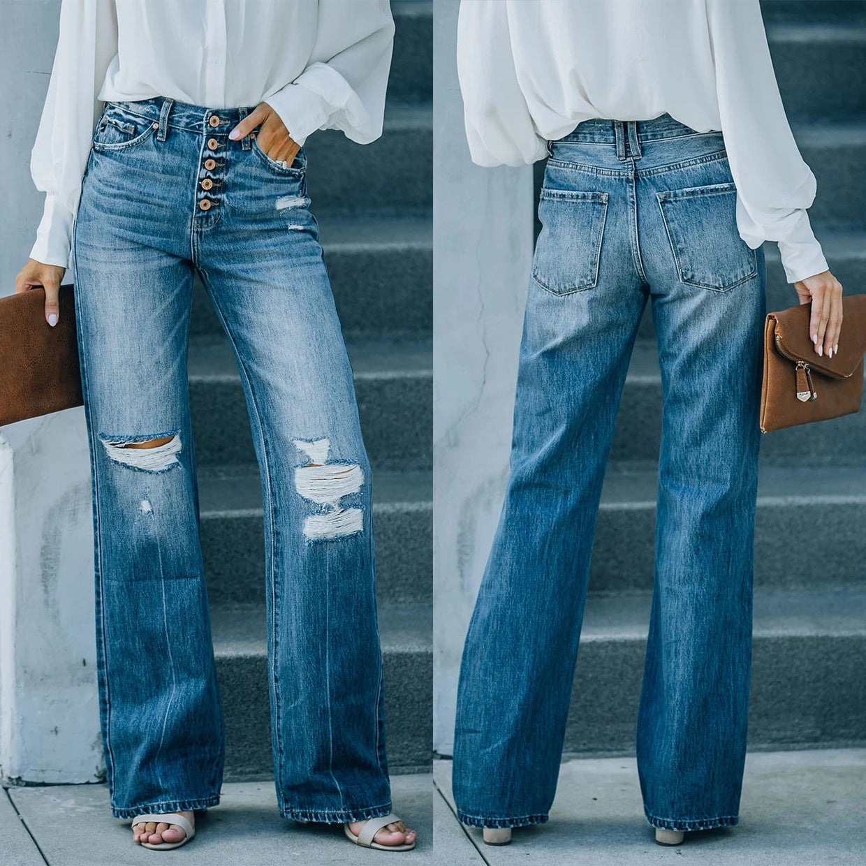 Street Trendsetter Washes Broken Hole Single Breasted Jeans Wide Leg Pants