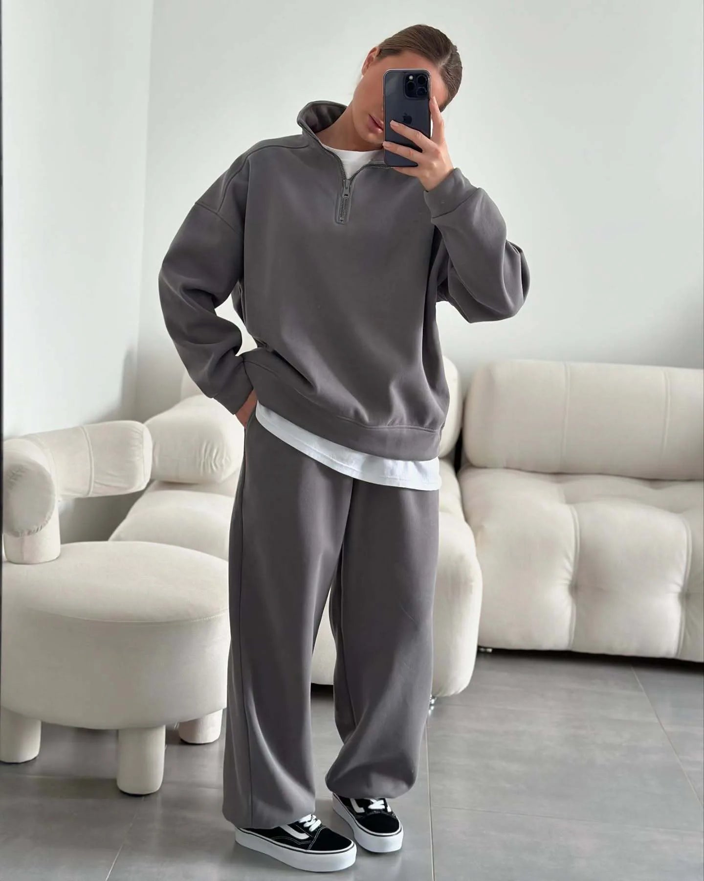 Casual Oversize Tracksuit Half Collar Long Sleeve Tracksuit Drawstring Pants Matching Tracksuit Cotton Comfort Loungewear