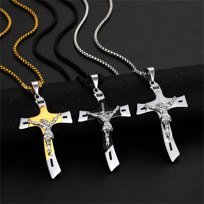 Vintage Jesus Cross Pendant Men and Women Amulet Necklace Catholic Christian Religious Prayer Jewelry Gift