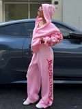 Pink Y2K Hooded Zip-Up Sweatshirt & Sweatpants Set with Red Graphic Print, Streetwear Casual Outfit
