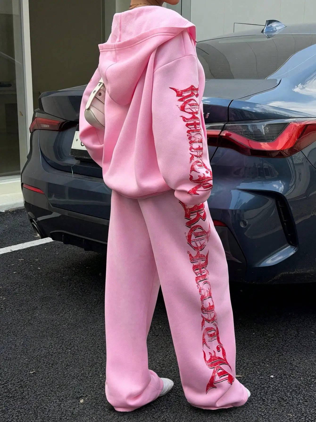 Pink Y2K Hooded Zip-Up Sweatshirt & Sweatpants Set with Red Graphic Print, Streetwear Casual Outfit