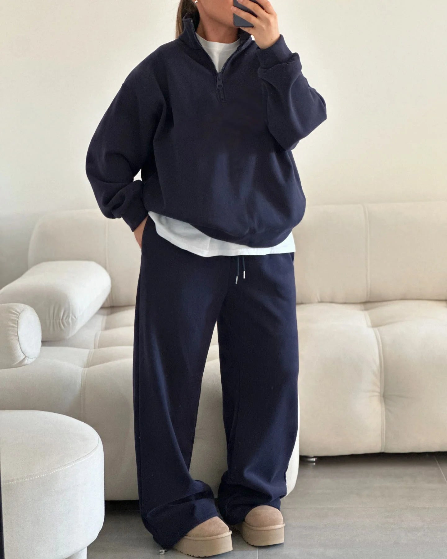 Casual Oversize Tracksuit Half Collar Long Sleeve Tracksuit Drawstring Pants Matching Tracksuit Cotton Comfort Loungewear