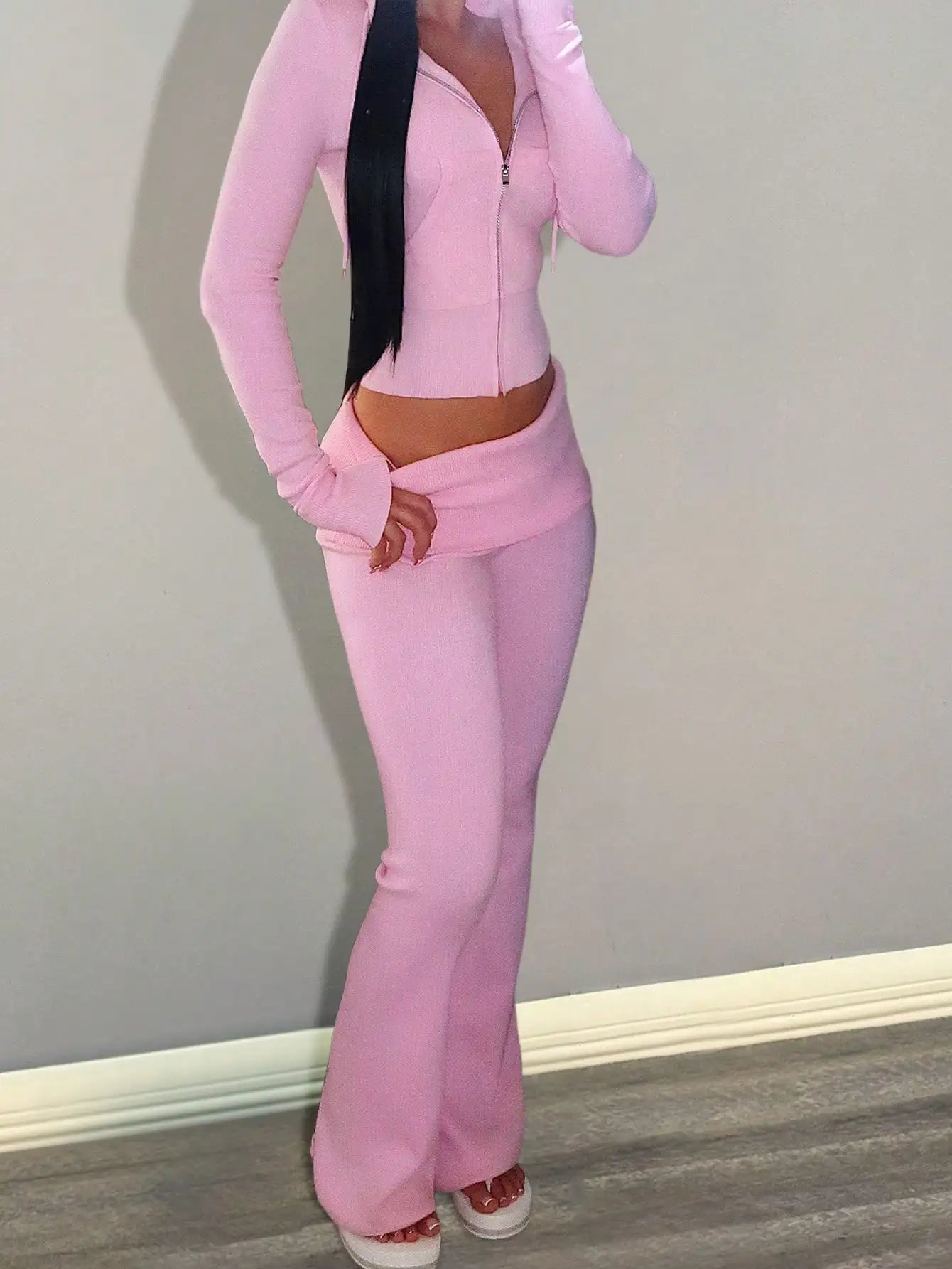 Pink Women's 2-Piece Hooded Zip-Up Crop Top & Flared Pants Set, Casual Sporty Outfit for Fall