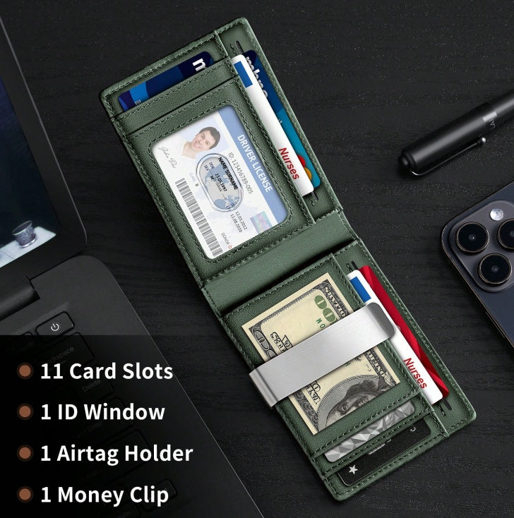 Airtag Wallet Men, Minimalist Front Pocket Wallets With Aritag Holder, Genuine Leather Bifold Slim Wallet, RFID Blocking Wallet For Men Up To 11cards -Air Tag Not Included