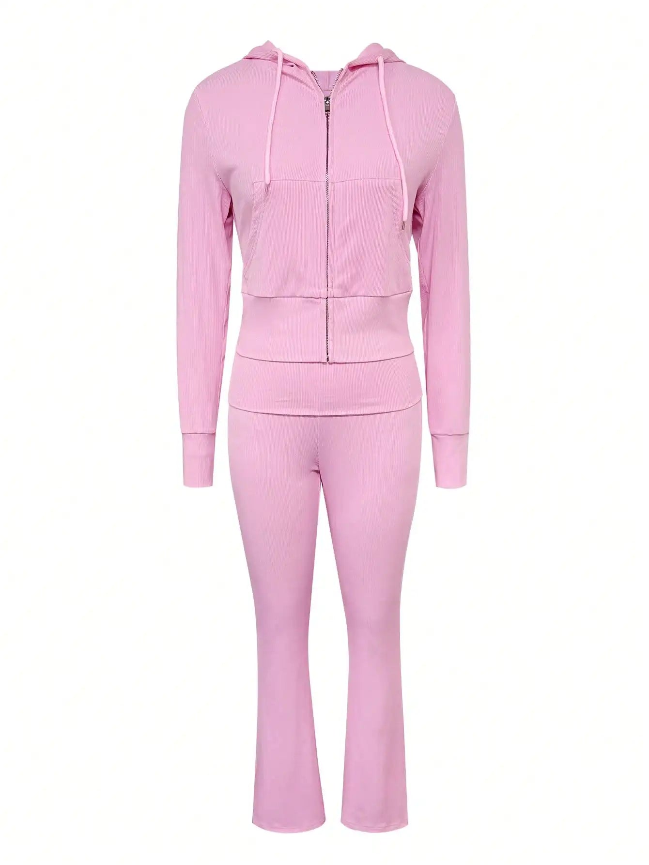 Pink Women's 2-Piece Hooded Zip-Up Crop Top & Flared Pants Set, Casual Sporty Outfit for Fall