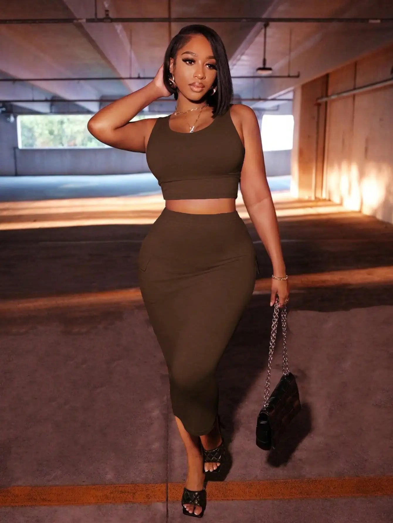 Gray 2-Piece Set: Sleeveless Crop Top & High-Waisted Midi Skirt with Pockets, Street Style