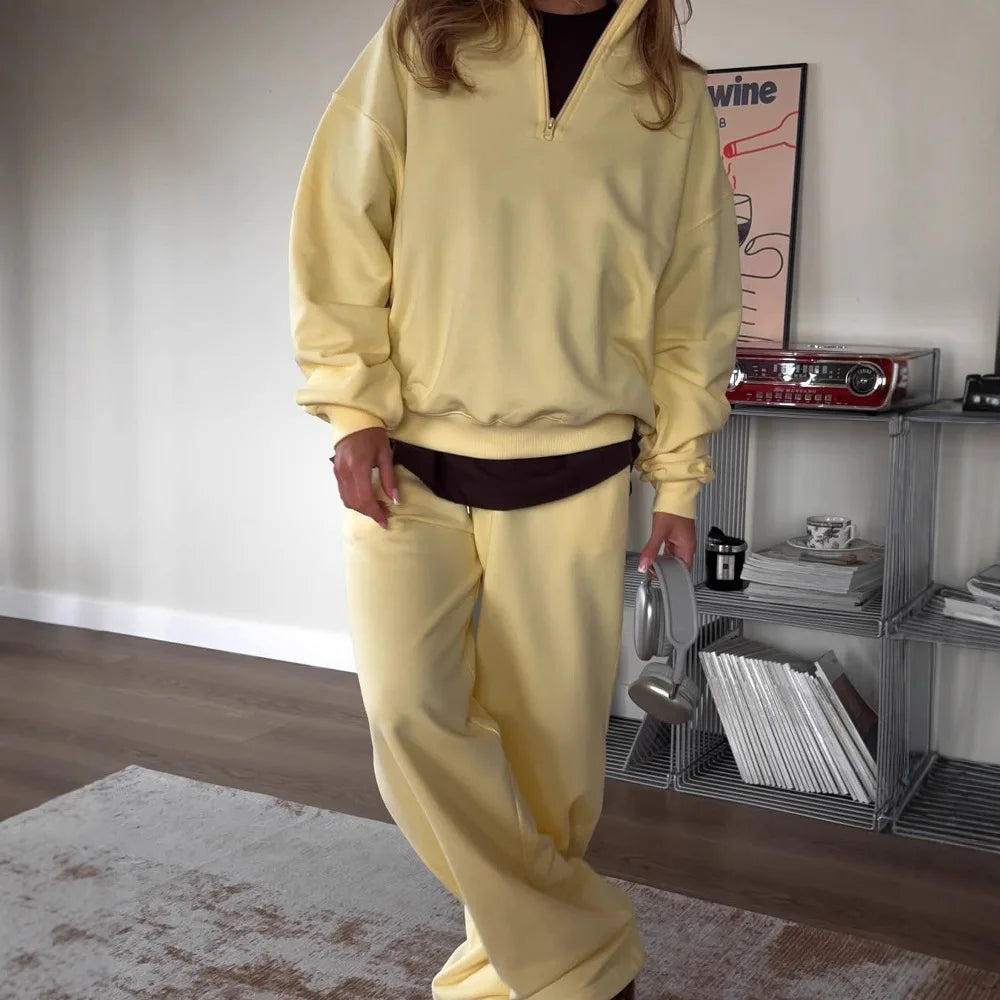 Casual Oversize Tracksuit Half Collar Long Sleeve Tracksuit Drawstring Pants Matching Tracksuit Cotton Comfort Loungewear