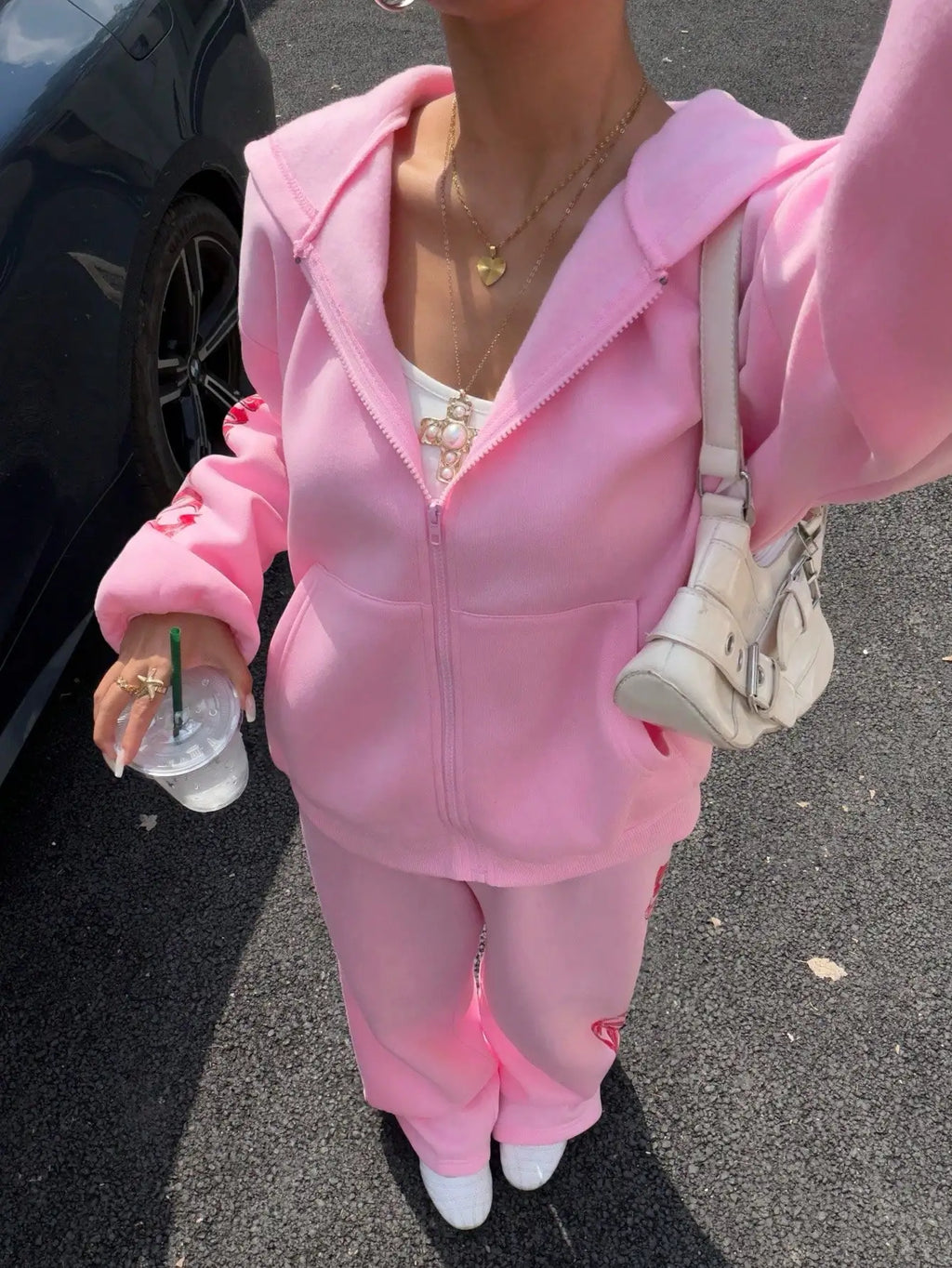 Pink Y2K Hooded Zip-Up Sweatshirt & Sweatpants Set with Red Graphic Print, Streetwear Casual Outfit