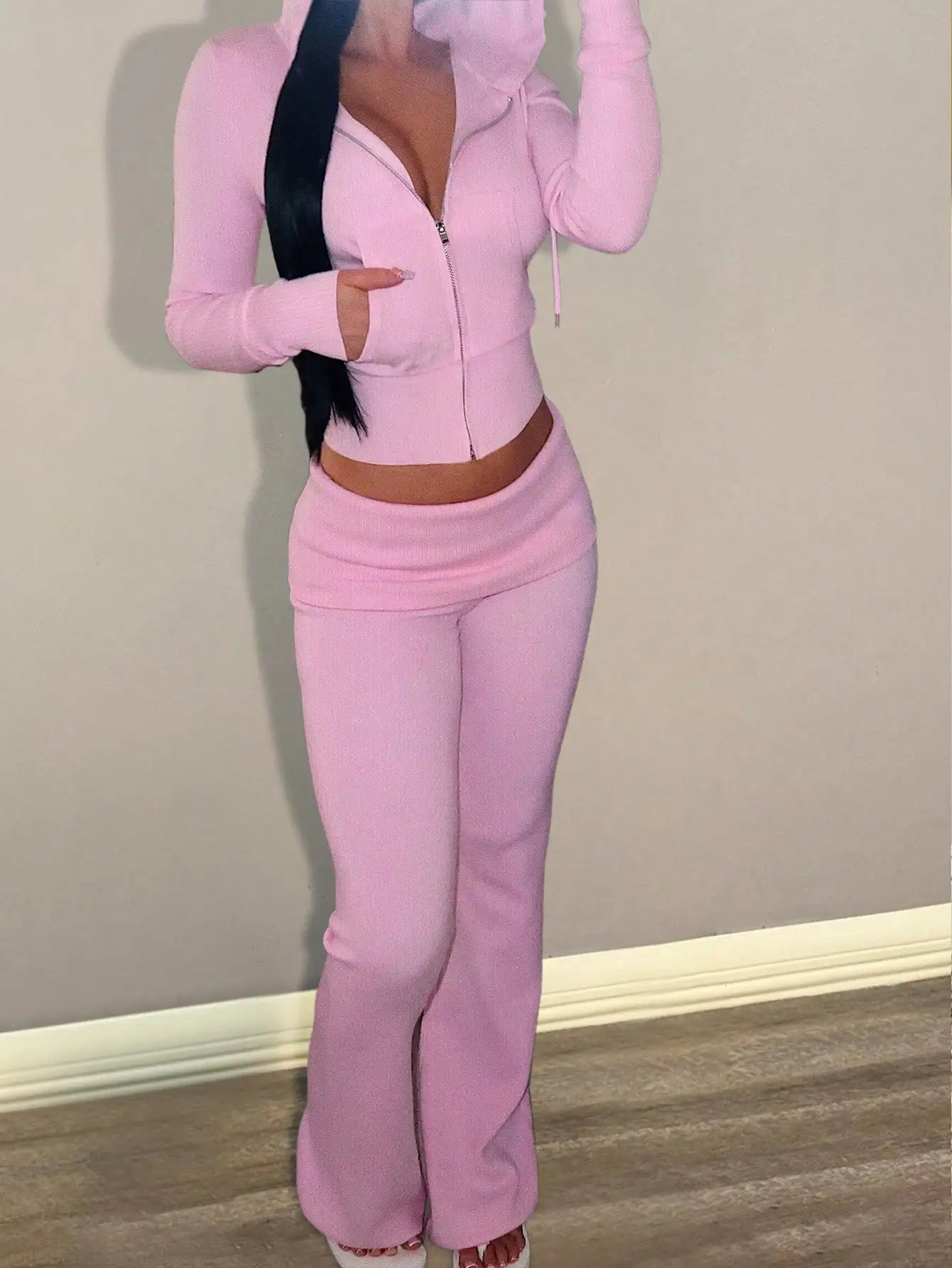 Pink Women's 2-Piece Hooded Zip-Up Crop Top & Flared Pants Set, Casual Sporty Outfit for Fall
