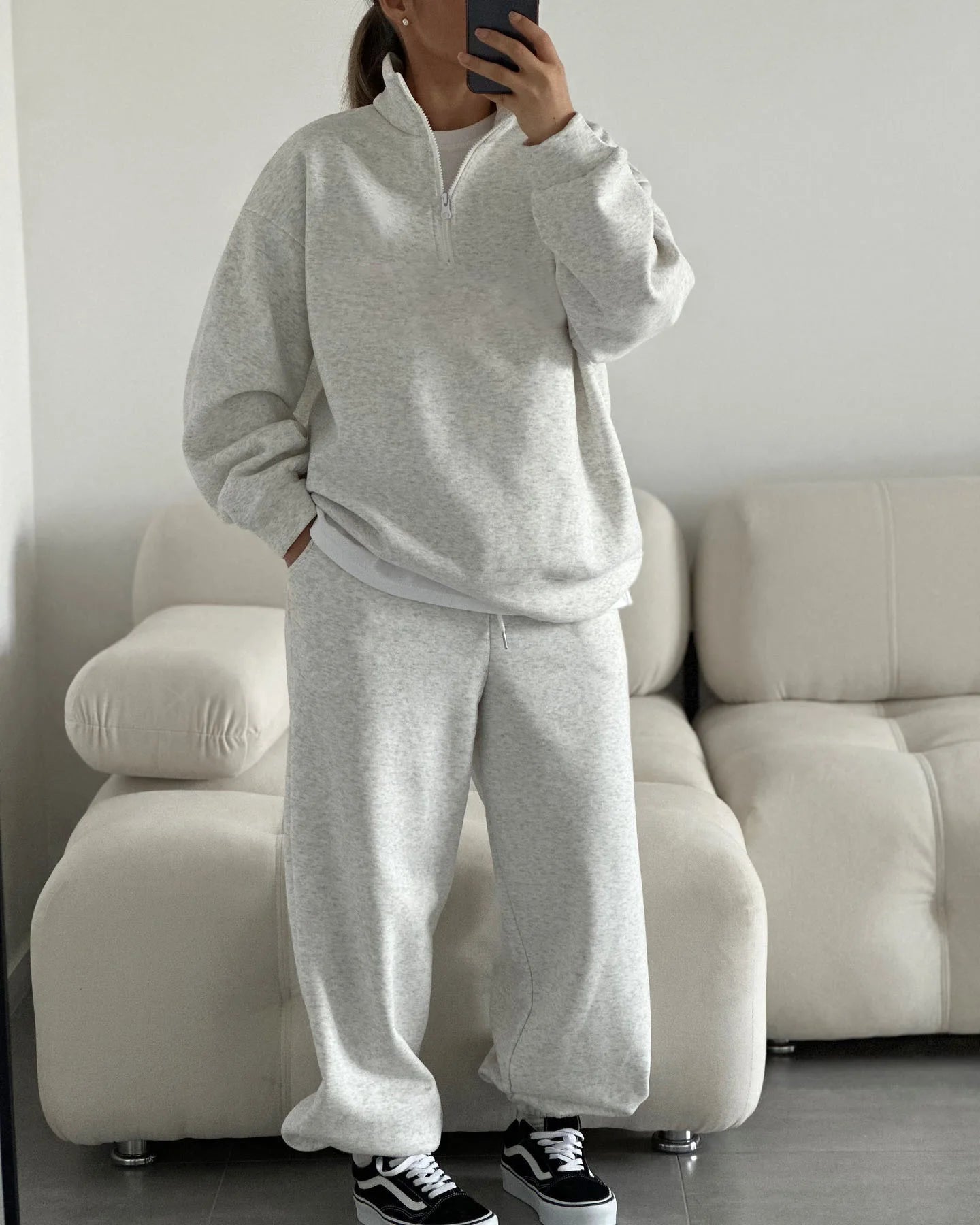 Casual Oversize Tracksuit Half Collar Long Sleeve Tracksuit Drawstring Pants Matching Tracksuit Cotton Comfort Loungewear