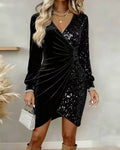 Elegant Sequins Design Long Sleeve Party Dress Women Sexy V Neck Bodycon Dresses For Women Evening Dress Christmas Clothes