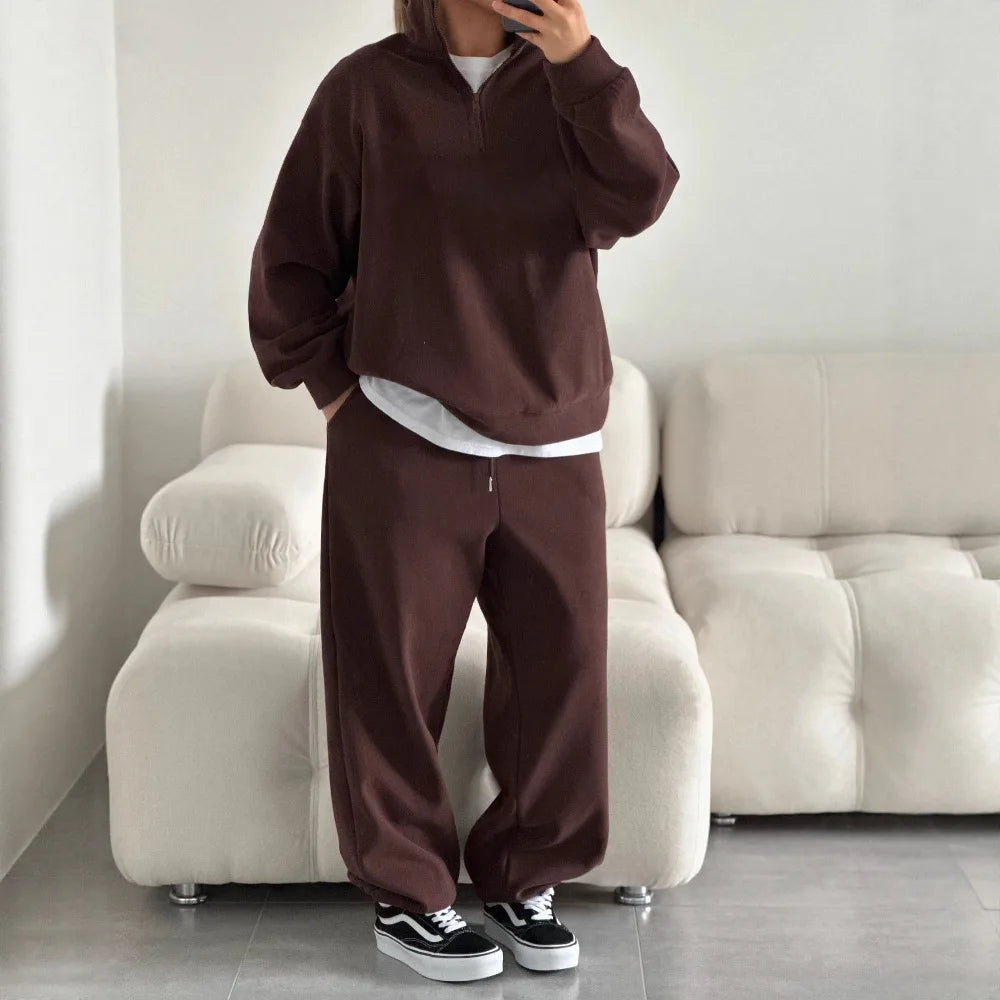 Casual Oversize Tracksuit Half Collar Long Sleeve Tracksuit Drawstring Pants Matching Tracksuit Cotton Comfort Loungewear