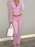 Pink Women's 2-Piece Hooded Zip-Up Crop Top & Flared Pants Set, Casual Sporty Outfit for Fall