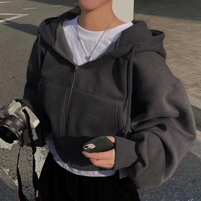 Spring Autumn New Insfleece-lined Versatile Cropped Slims Smooths Silhouette Zip-up Warm Navy Blue Hooded Sweatshirt Women