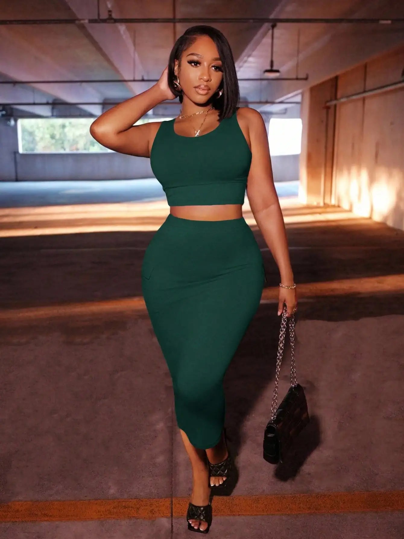 Gray 2-Piece Set: Sleeveless Crop Top & High-Waisted Midi Skirt with Pockets, Street Style