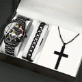 Men's Bracelet Cross Necklace And Watch Set