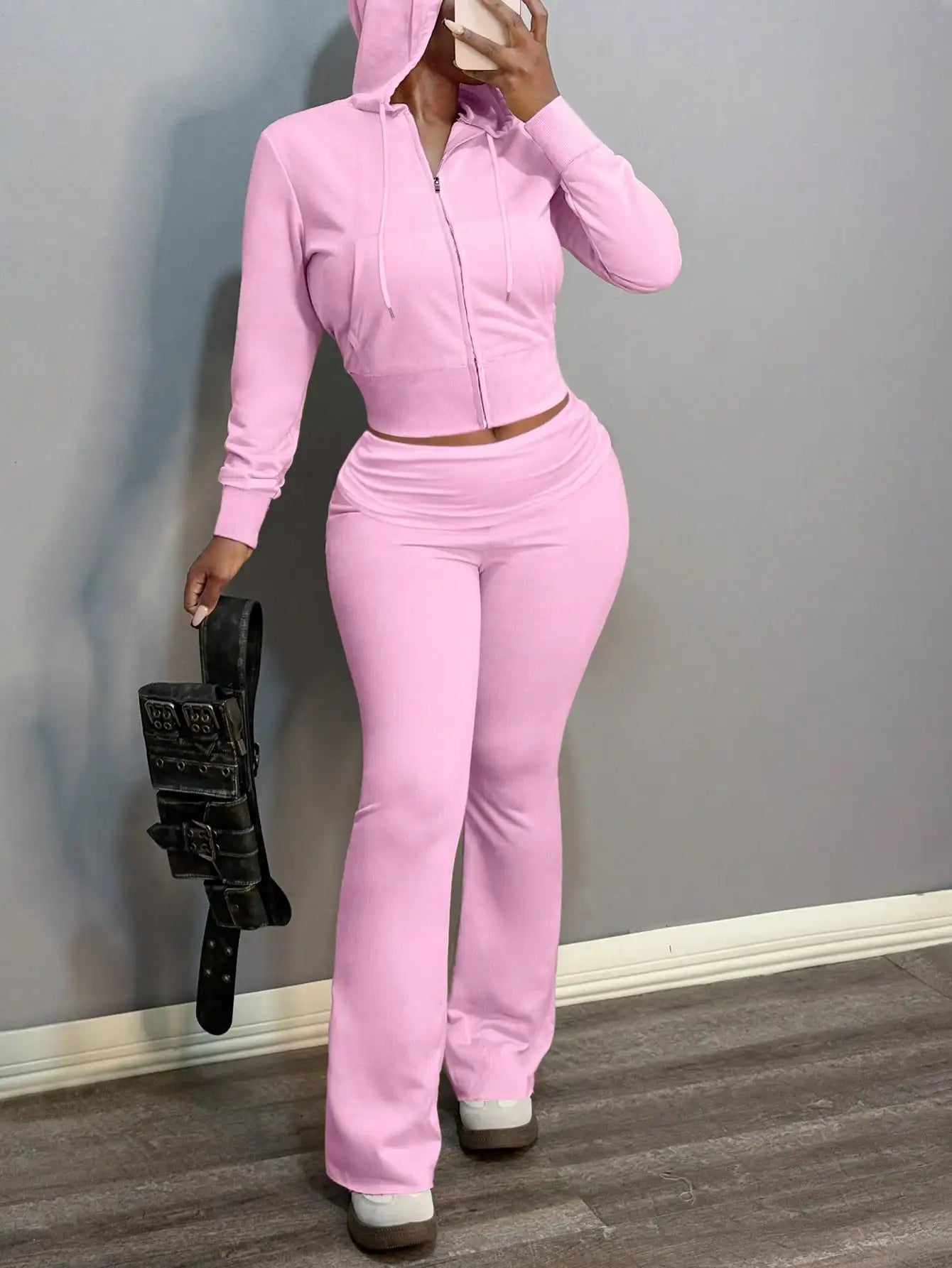 Pink Women's 2-Piece Hooded Zip-Up Crop Top & Flared Pants Set, Casual Sporty Outfit for Fall
