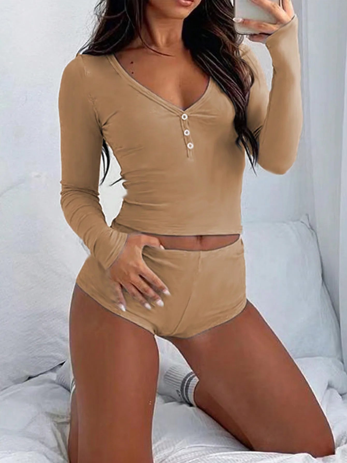 INAWLY Women's Solid Color Slim Fit Long Sleeve T-Shirt And Hotpants Two Pieces Set Fall Cloth For Women