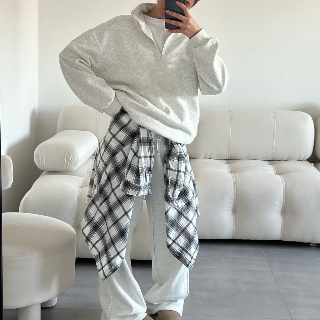 Casual Oversize Tracksuit Half Collar Long Sleeve Tracksuit Drawstring Pants Matching Tracksuit Cotton Comfort Loungewear